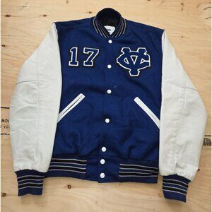 Vintage Varsity Letterman Jacket Small Navy Blue Wool White Leather Volleyball